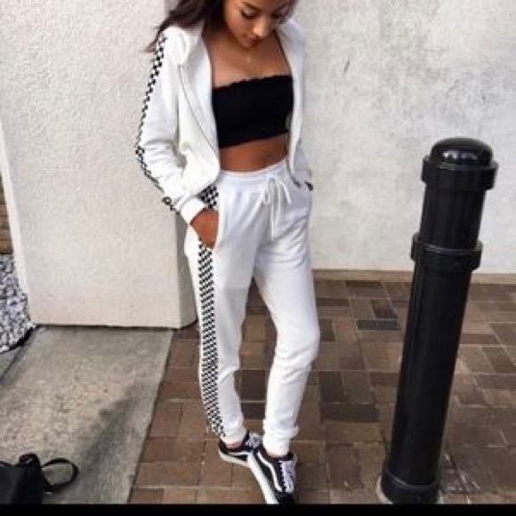 DANIELLE GUIZIO Godspeed White Checkered Tracksuit Sweatsuit Set - Picture 3 of 7